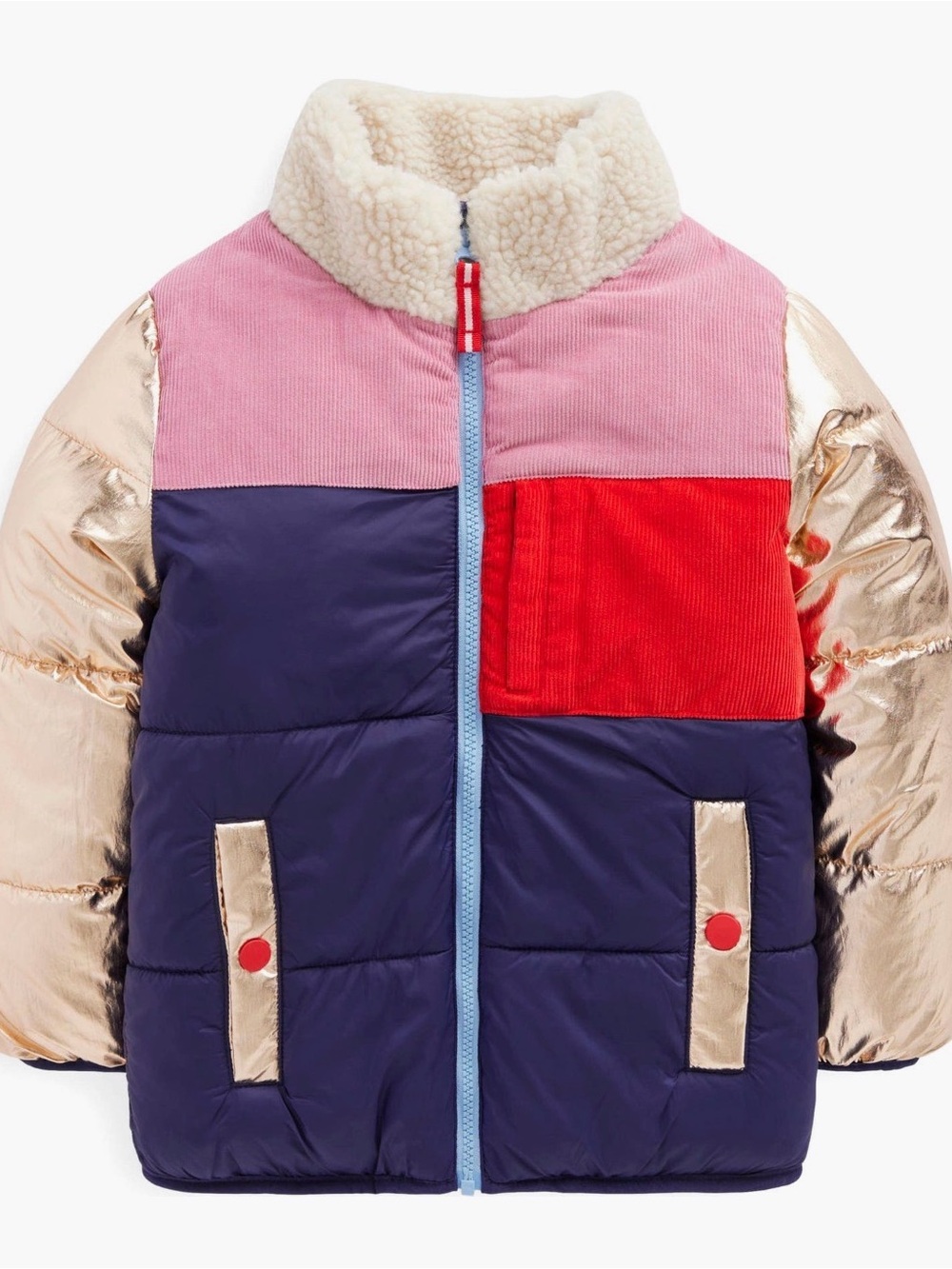 Mini Boden Corduroy Colorblock Puffer Jacket with Sherpa Collar NWT